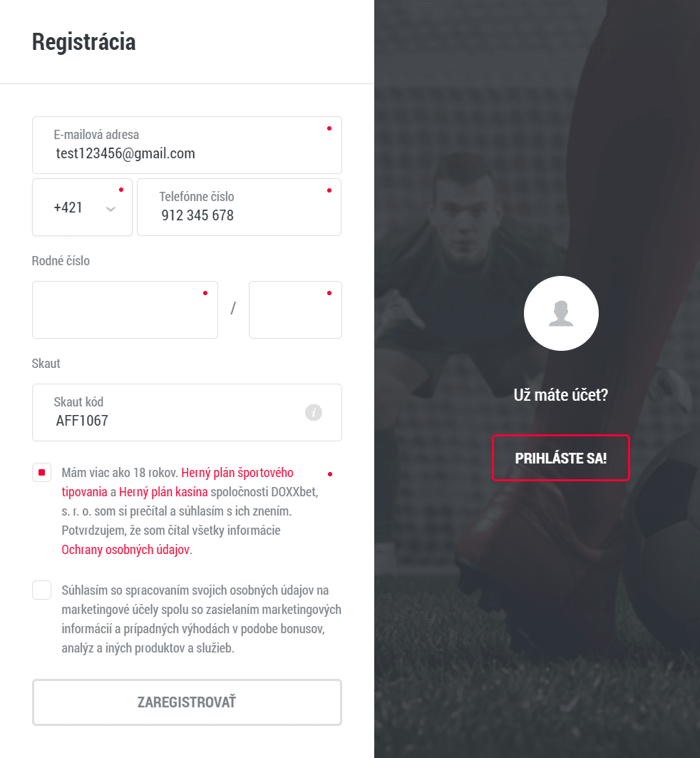 Registrácia v DOXXbet Casino - Ako sa zaregistrovať do DOXXbet Casino - Vyplnenie registrácie DOXXbet