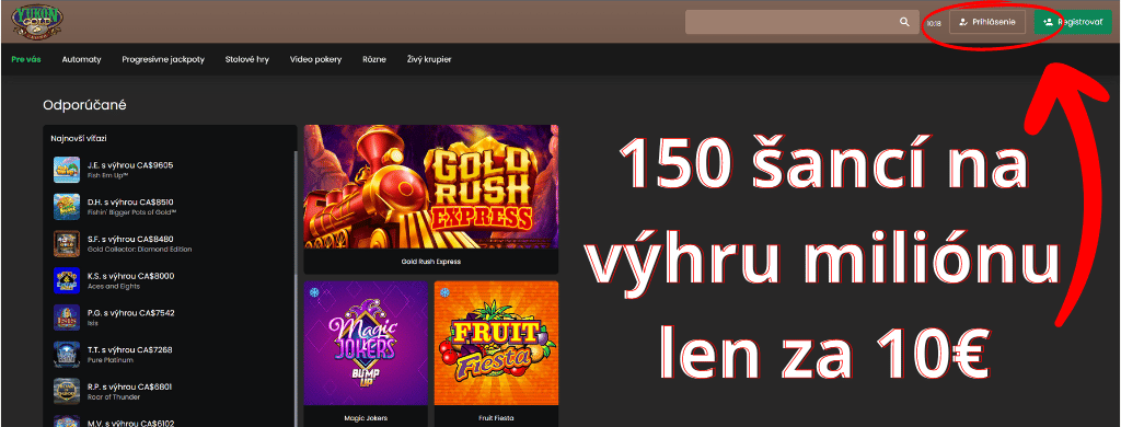 150 šancí na výhru miliónu len za 10€ - Yukon Gold Casino prihlásenie