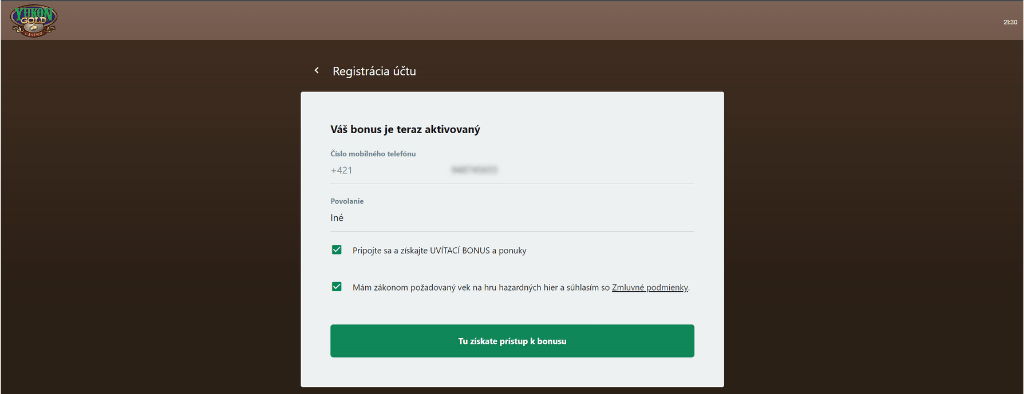 Yukon Gold Casino registrácia - Aktivácia bonusu
