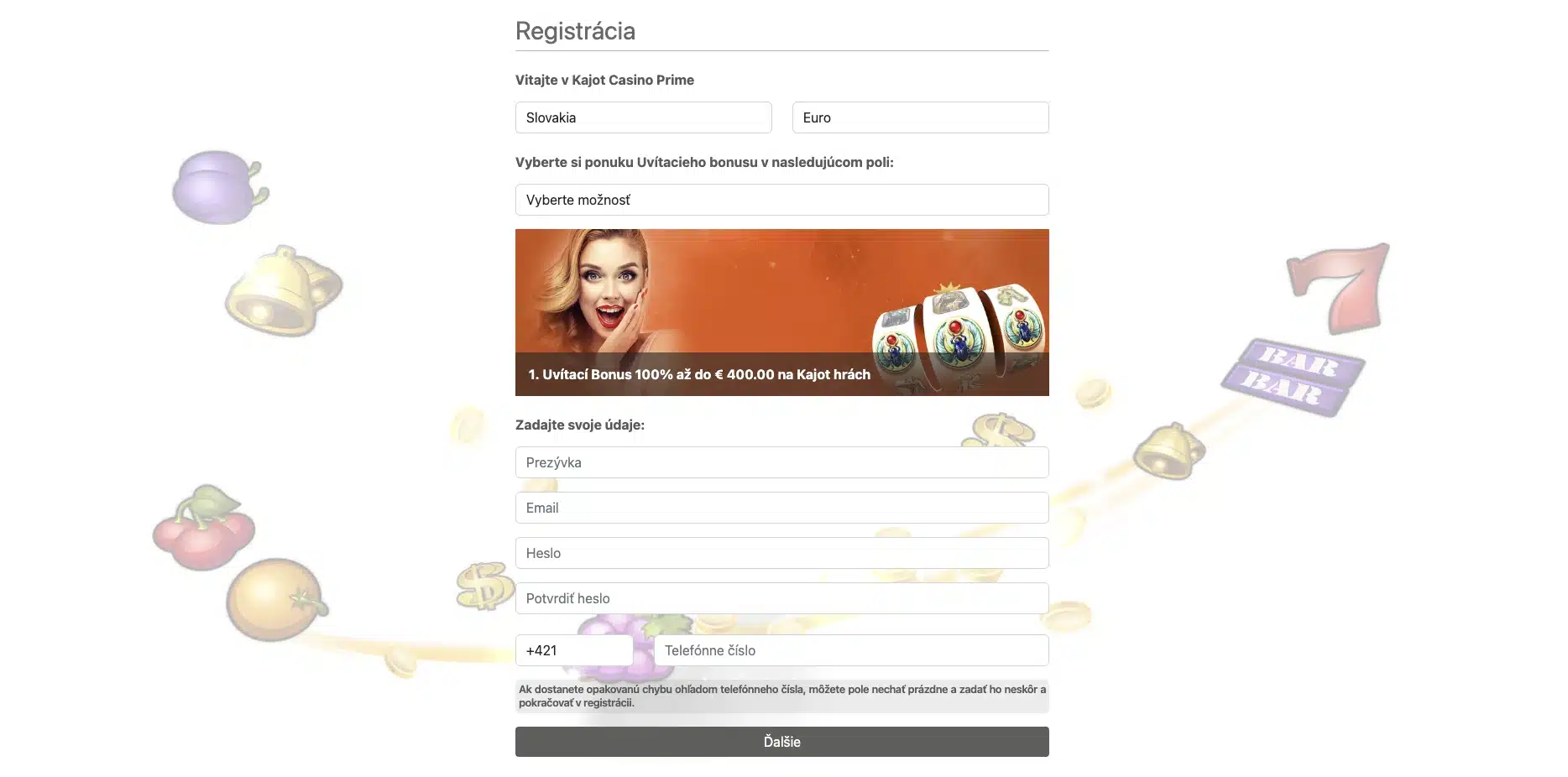Kajot Casino - Registračný Formulár