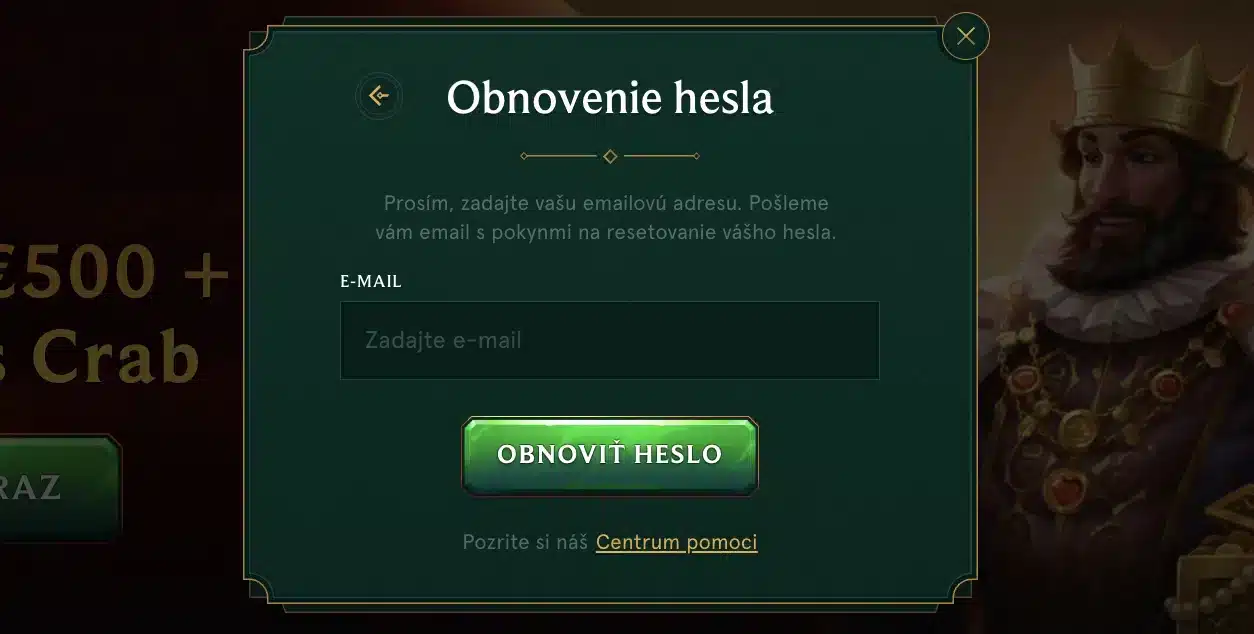 Obnova Hesla v Casinia Casino