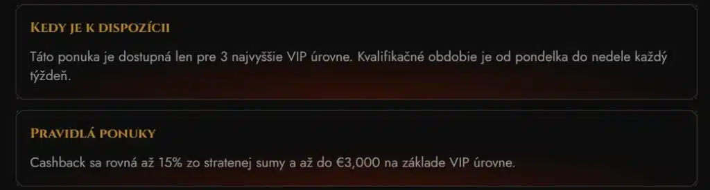 Pravidlá a podmienky týždenného VIP cashback bonusu